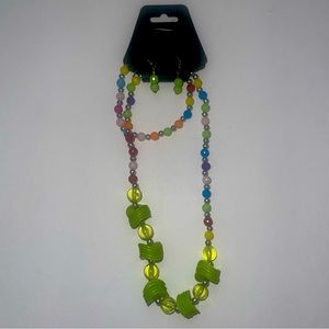 Multicolor Jewelry Set including pair of earrings, bracelet, and necklace.